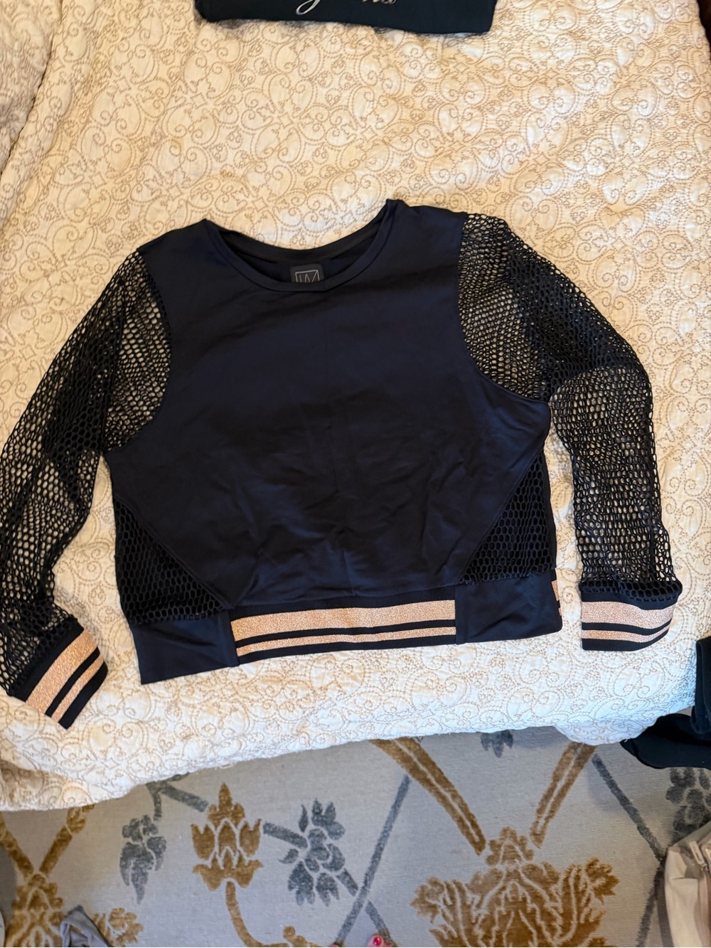 Black mesh long sleeve top with gold and black stripes size M